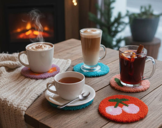 Rankų darbo puodelių padėkliukai, pagaminti „punch needle“ technika ''Gėlės''