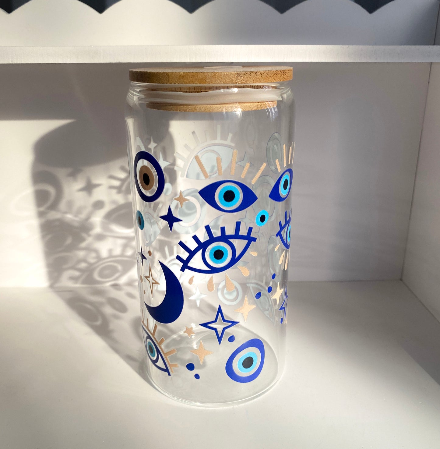 500 ml stiklinė su bambukiniu dangteliu ir stikliniu šiaudeliu ''Akys''