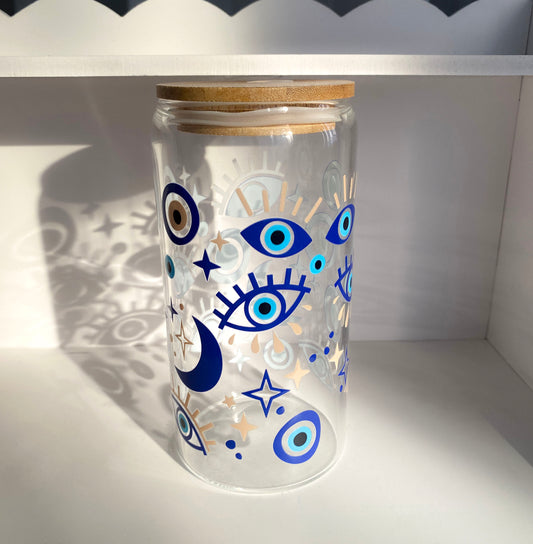 500 ml stiklinė su bambukiniu dangteliu ir stikliniu šiaudeliu ''Akys''