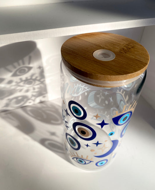 500 ml stiklinė su bambukiniu dangteliu ir stikliniu šiaudeliu ''Akys''