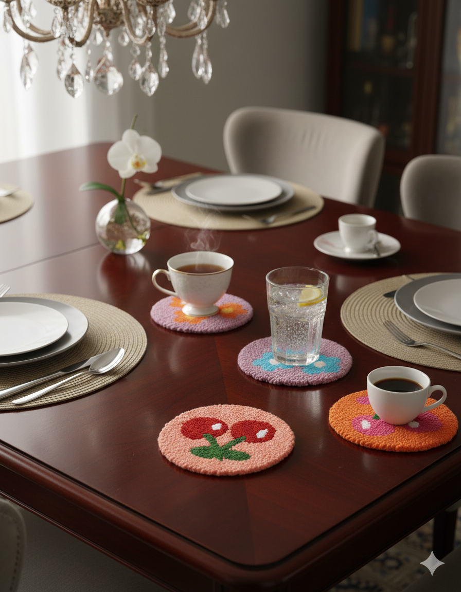 Rankų darbo puodelių padėkliukai, pagaminti „punch needle“ technika  ''Gėlės''