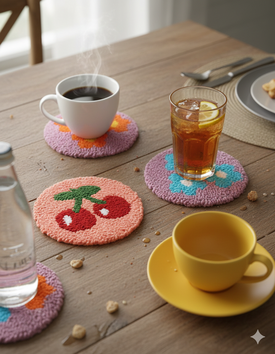 Rankų darbo puodelių padėkliukai, pagaminti „punch needle“ technika  ''Gėlės''